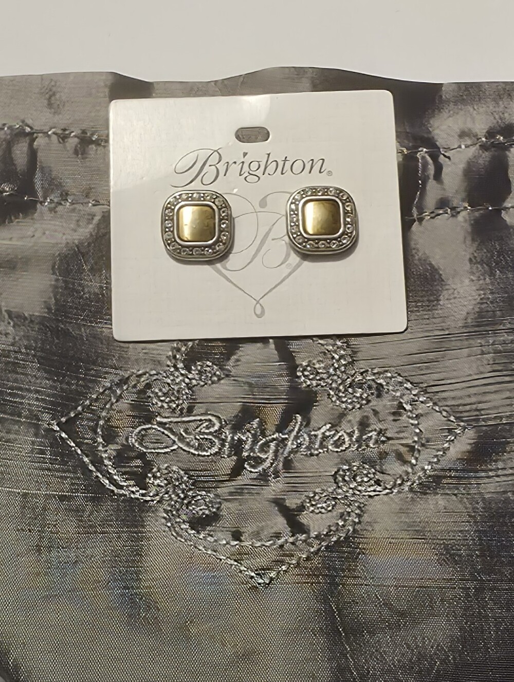 Brighton Two Tone‎ Silver Gold Crystal Square Stud Earrings Mixed Metal Halo